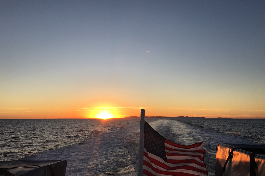 Boat Sunset, American Flag
